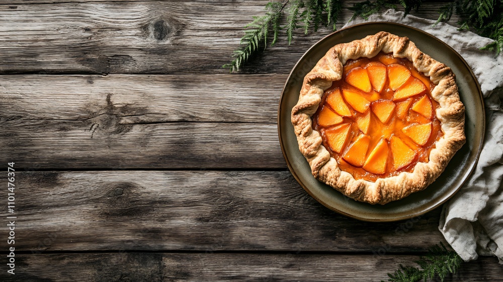 Rustic persimmon galette with golden-brown crust, styled on a wooden table with a vintage napkin Rustic persimmon galette with golden-brown crust, styled on a wooden table with a vintage napkin