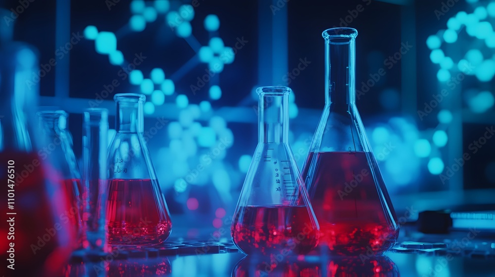 Laboratory Erlenmeyer Flasks Filled With Red Liquid Laboratory Erlenmeyer Flasks Filled With Red Liquid