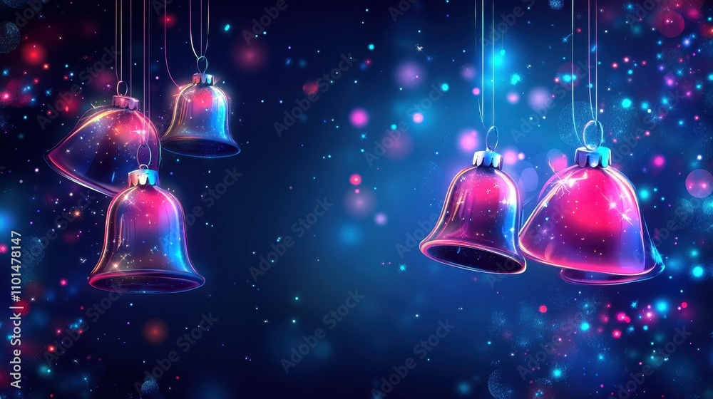 Obraz premium Colorful, glowing bells hang against a vibrant, sparkling background.