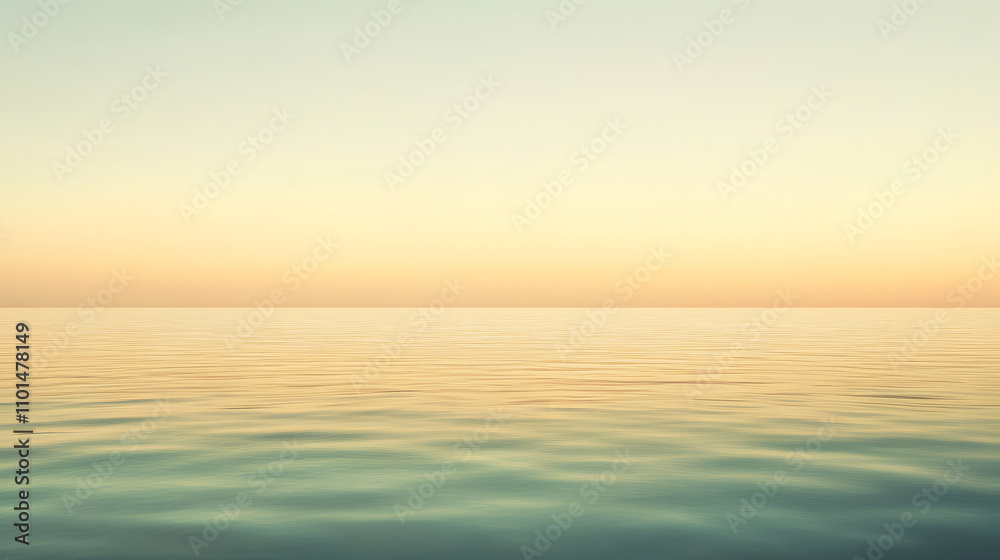 Fototapeta premium Serene seascape at sunset. Calm ocean waters meet a pastel sky, creating a tranquil and peaceful atmosphere. Minimalist beach scene perfect for meditation or relaxation.