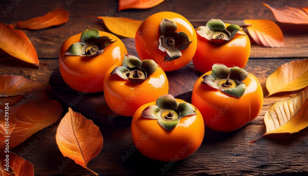 Autumn Persimmons on Rustic Wooden Board Autumn Persimmons on Rustic Wooden Board