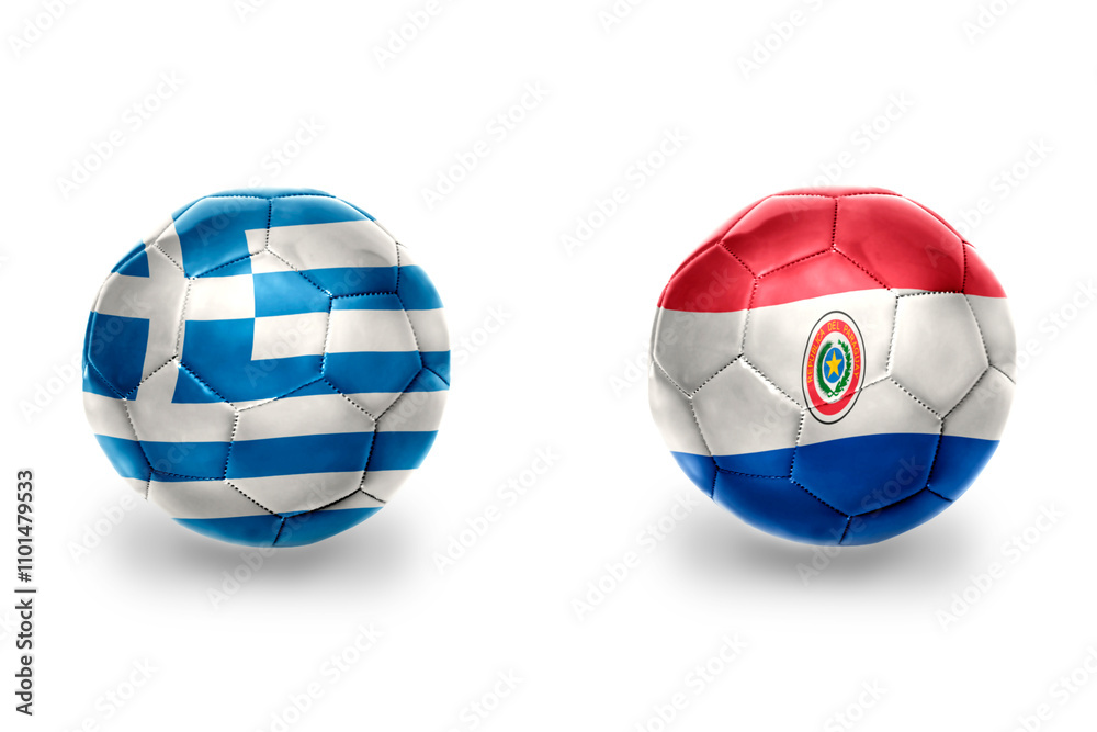 Obraz premium football balls with national flags of greece and paraguay ,soccer teams. on the white background.