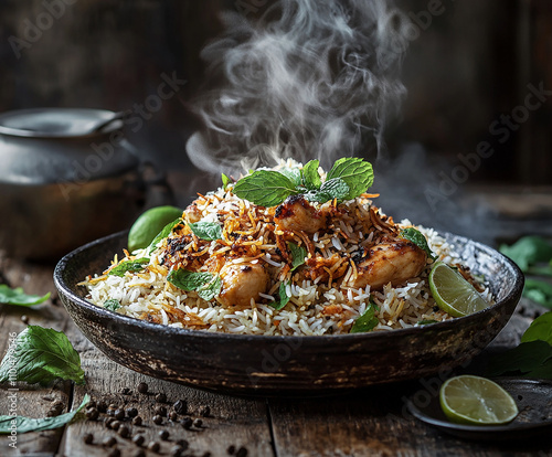 bowl of watering full chicken biryani dish isolated on wooden table background  side view