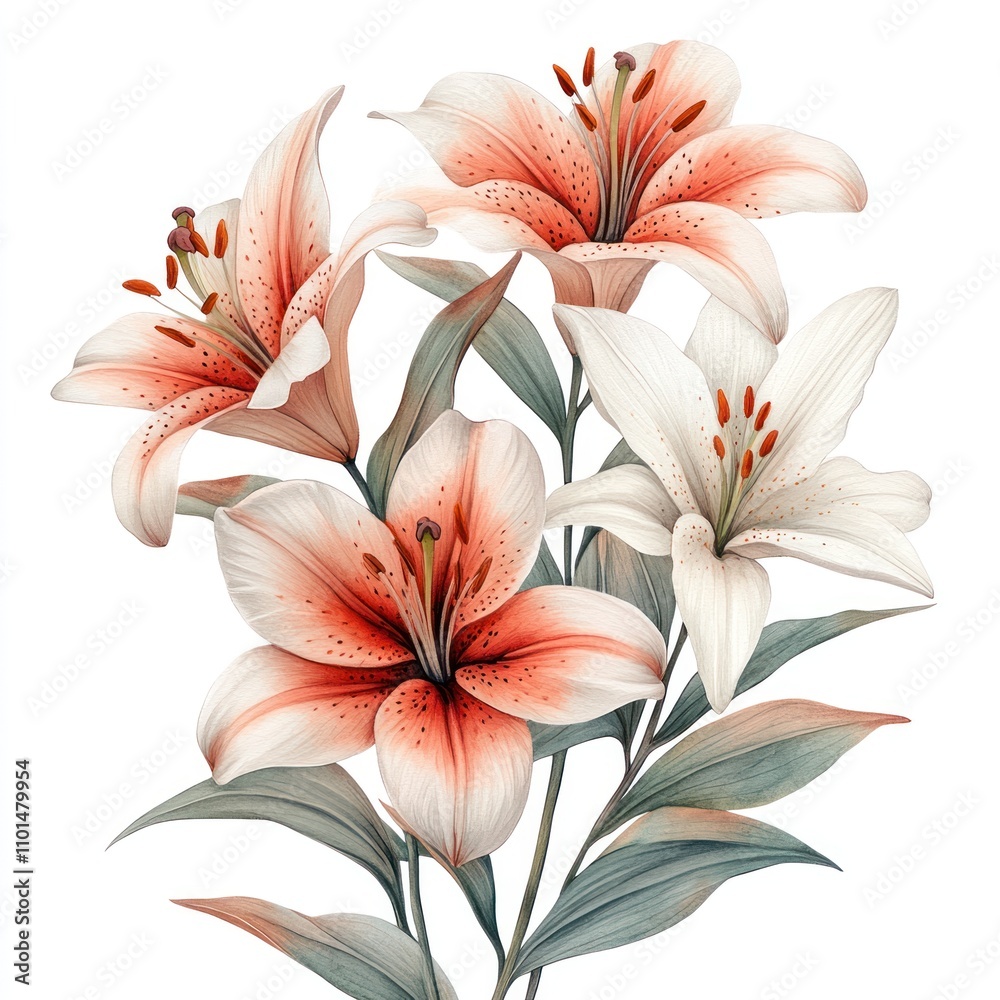 Fototapeta premium A beautiful illustration of blooming lilies with soft colors and detailed petals.