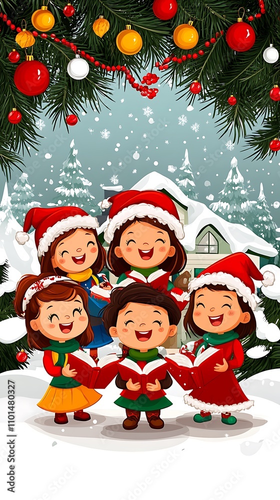 Family singing Christmas carols in front of a decorated house on a white background Family singing Christmas carols in front of a decorated house on a white background