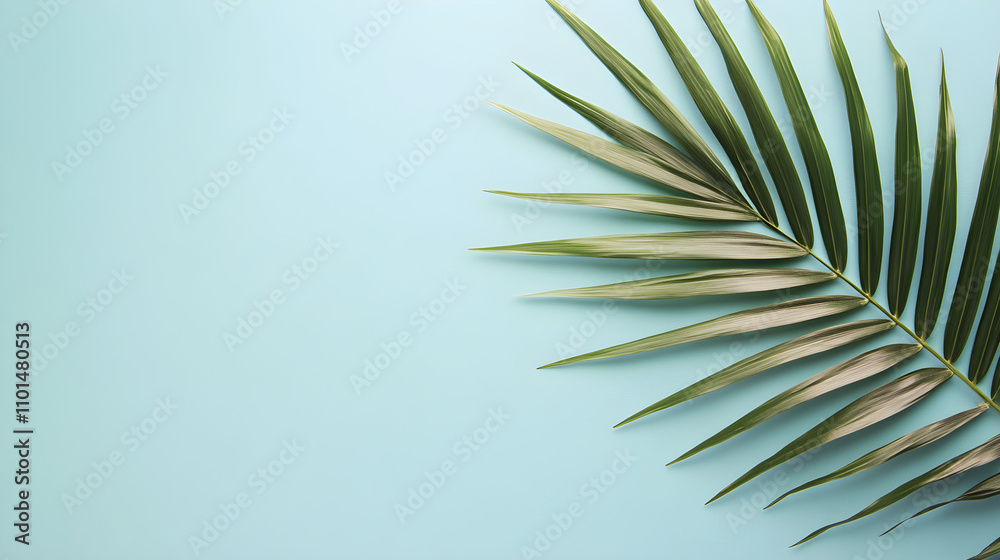 Fototapeta premium Delicate palm leaf positioned in the corner of a pale blue background