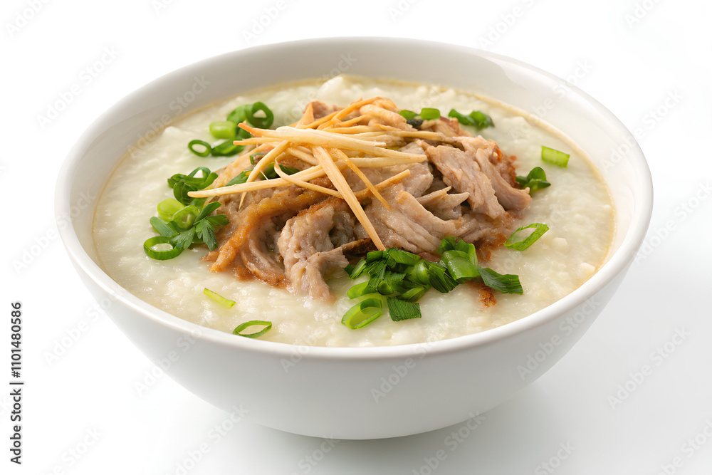 Congee topped with shredded pork with green onions in white bowl, On isolated white background. Clipping path.png Congee topped with shredded pork with green onions in white bowl, On isolated white background. Clipping path.png