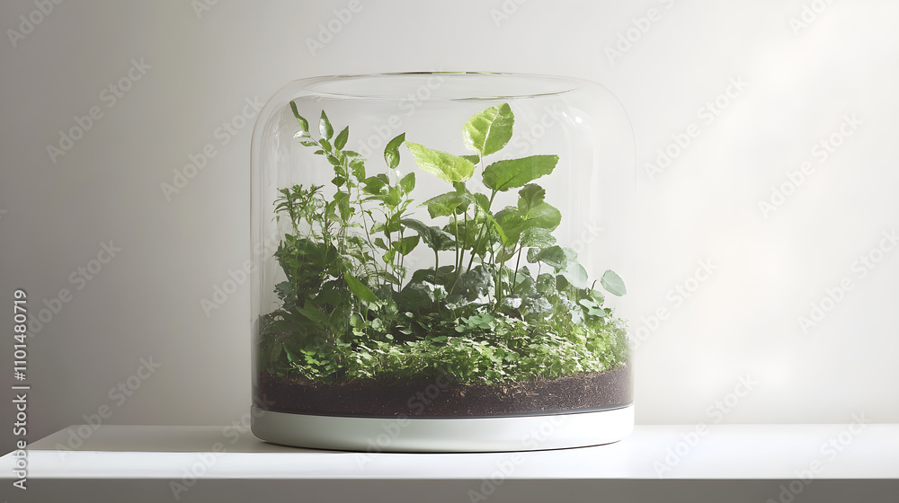 Fototapeta premium Minimalist terrarium with plants on a clean, white tabletop