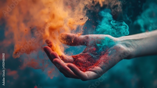 Hand releasing vibrant colored powder in a dramatic scene photo