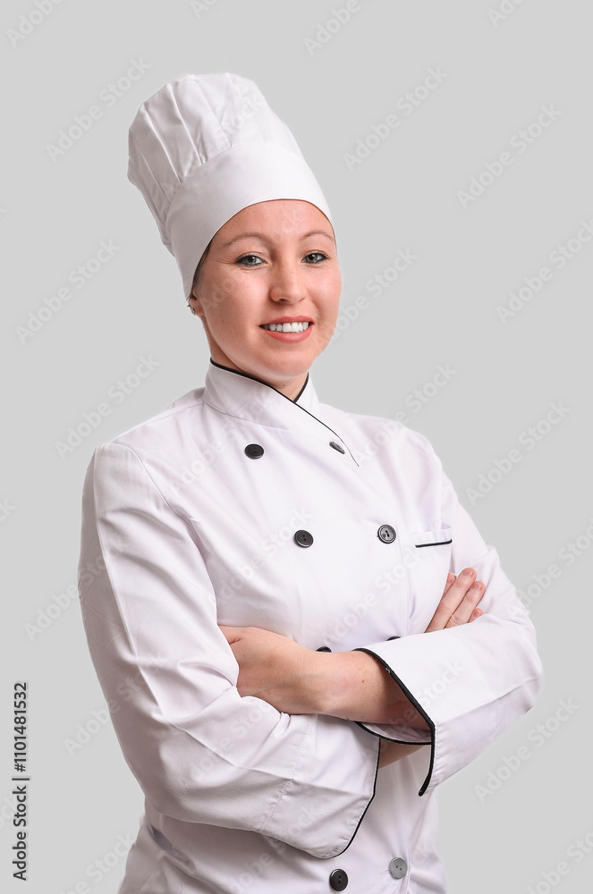 Confident female chef smiling with arms crossed on gray background Confident female chef smiling with arms crossed on gray background