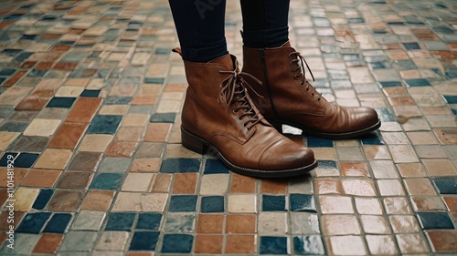 Ankle boots against a retro tile background, quiet luxury. Brown shoes photo
