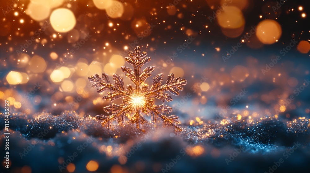 Fototapeta premium A sparkling snowflake illuminated against a blurred, warm background of glowing lights and snow.
