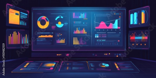 A digital dashboard displaying colorful data visualizations and analytics graphs.