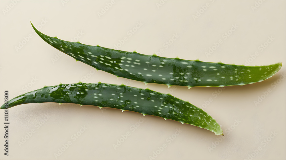 Two aloe vera leaves crossing each other on a neutral backdrop Two aloe vera leaves crossing each other on a neutral backdrop