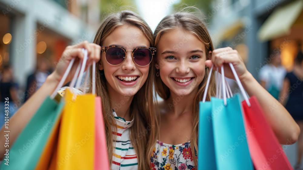 Joyful Women with Shopping Bags: Perfect for Retail Ads, Fashion Campaigns, and Lifestyle Marketing Joyful Women with Shopping Bags: Perfect for Retail Ads, Fashion Campaigns, and Lifestyle Marketing