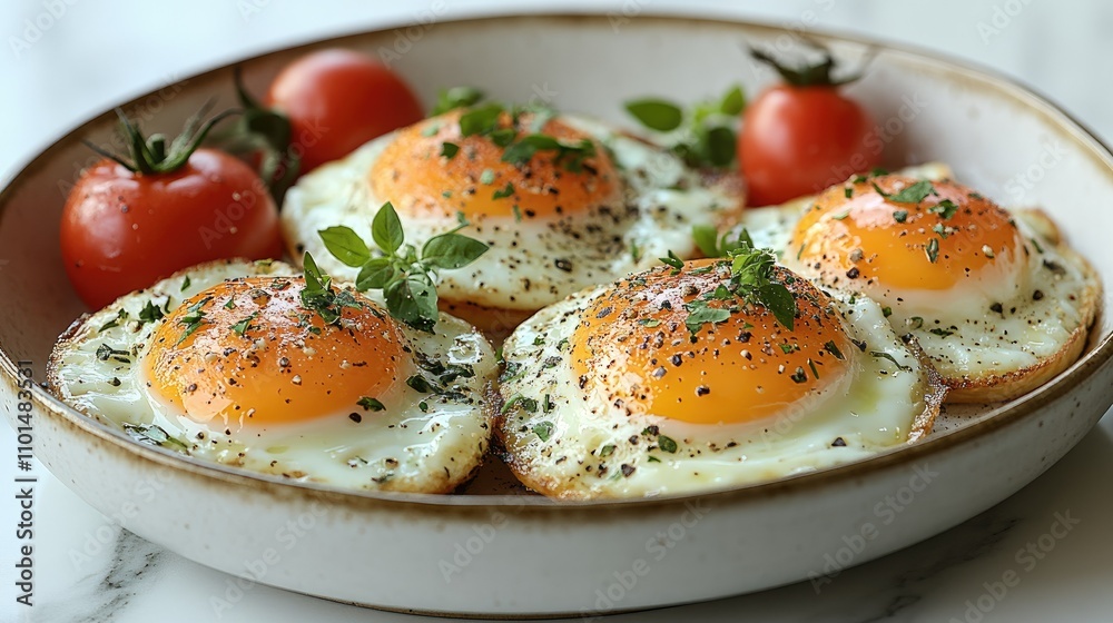 A plate of fried eggs garnished with herbs and accompanied by cherry tomatoes. A plate of fried eggs garnished with herbs and accompanied by cherry tomatoes.