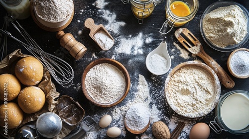 Ingredients for baking scattered on a dark surface photo