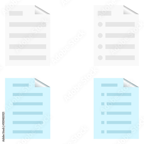 Four icons - a bent sheet of paper, two white, two blue, two lined, two with bullet points