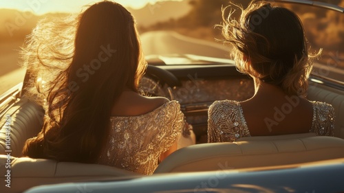 Two women in a convertible, one with long hair and the other with short hair. The car is on a road with mountains in the background. Scene is lighthearted and fun, as the women are dressed up photo