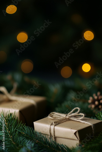 A close-up of beautifully wrapped rustic gift boxes adorned with twine and pine sprigs, set in a dimly lit, intimate holiday setting exuding warmth and charm.