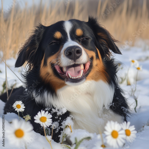 A joyful dog with a wide smile lies in a snowy field, surrounded by daisies under the wintry sun, capturing a moment of pure joy and serenity in nature.