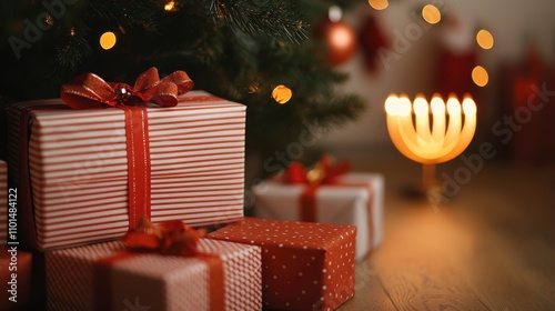 Hanukkah and Christmas. Presents under a Christmas tree with festive decorations glowing softly. photo