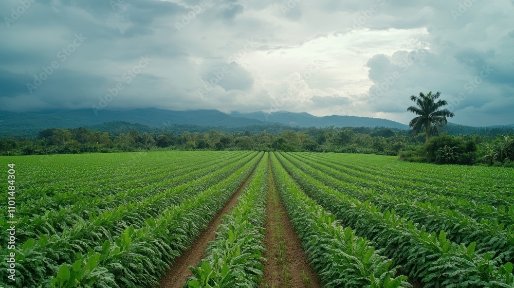 Lush green tobacco field under a cloudy sky, showcasing agricultural landscape. Lush green tobacco field under a cloudy sky, showcasing agricultural landscape.