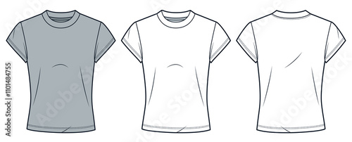 Tee Shirt technical fashion illustration. Cap Sleeve Top fashion flat technical drawing template, round neck, slim fit, front and back view, white, grey, women, men, unisex CAD mockup set.