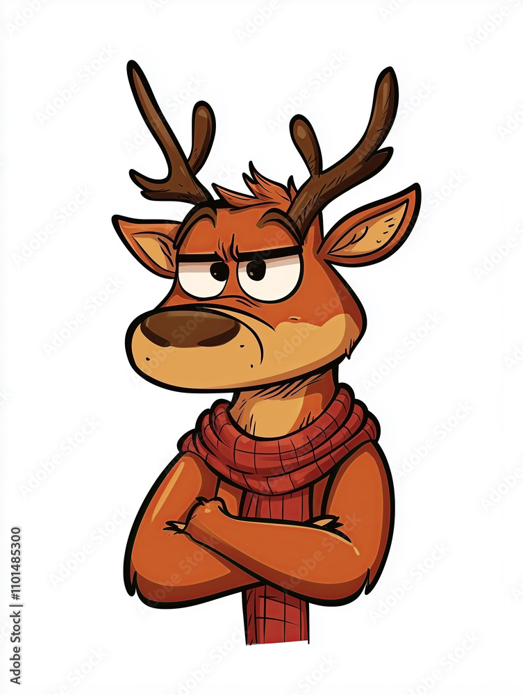 Humorous and grumpy-looking reindeer character with a sarcastic or annoyed expression, wearing a simple Christmas scarf and antlers, with its arms crossed. X-mas and New Year concept Humorous and grumpy-looking reindeer character with a sarcastic or annoyed expression, wearing a simple Christmas scarf and antlers, with its arms crossed. X-mas and New Year concept