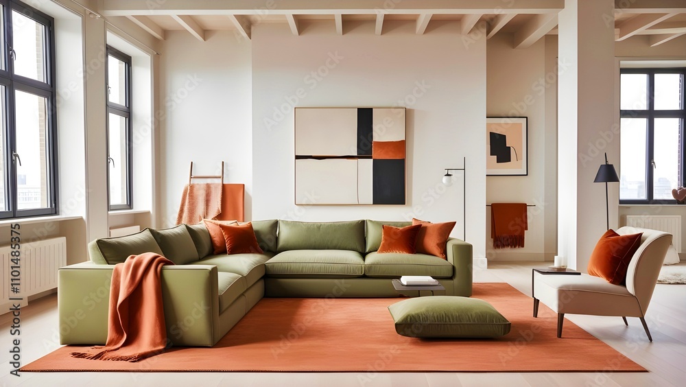 Fototapeta premium Contemporary Loft Interior with a Serene Green Sofa and Bold Orange Highlights