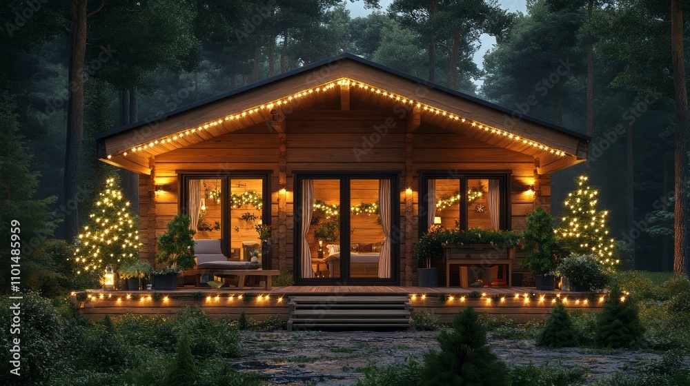 Cozy wooden cabin illuminated with festive lights in a serene forest setting. Cozy wooden cabin illuminated with festive lights in a serene forest setting.