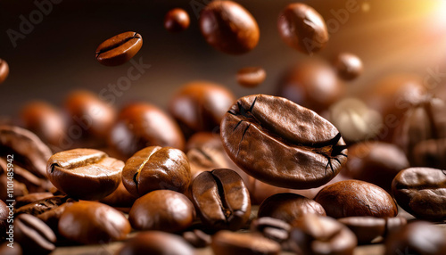 Coffee Beans Falling in Mid-Air with Roasted Brown Texture