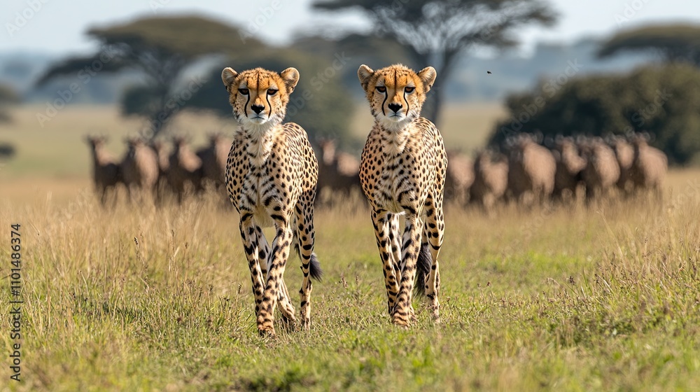 Two cheetahs walking towards the camera in African savanna with herd of antelope in background. Two cheetahs walking towards the camera in African savanna with herd of antelope in background.