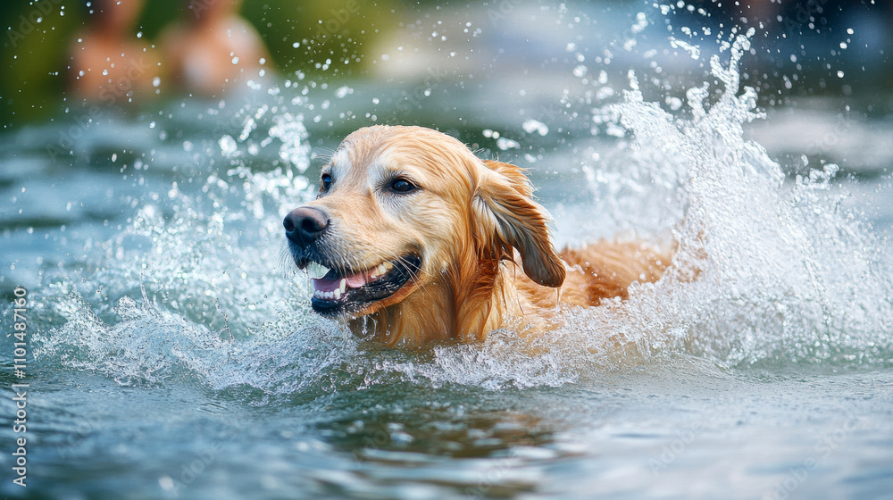 Golden Retriever dog swimming in the water and splashing. Golden Retriever dog swimming in the water and splashing.