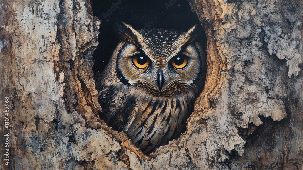 A painting of an owl in a hole A painting of an owl in a hole