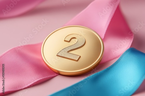 Medal on a pink and blue ribbons for second place on a pink background. Medal for sports competitions. Copy space photo