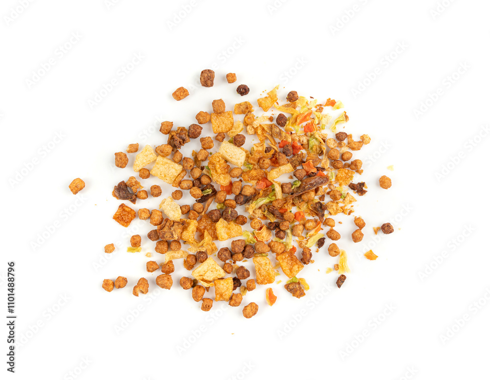 Dried vegetables mix with carrots, onion, parsnip and soy meat isolated. Dry food pieces for instant noodles Dried vegetables mix with carrots, onion, parsnip and soy meat isolated. Dry food pieces for instant noodles