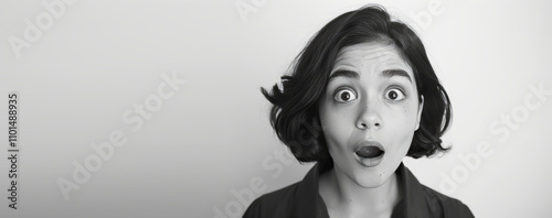 Young woman in shock and surprise with her mouth open on a background with free space