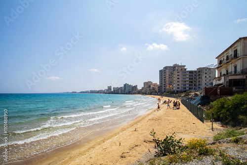 View of  beach and abandoned buildings in the Varosha ghost town  photo