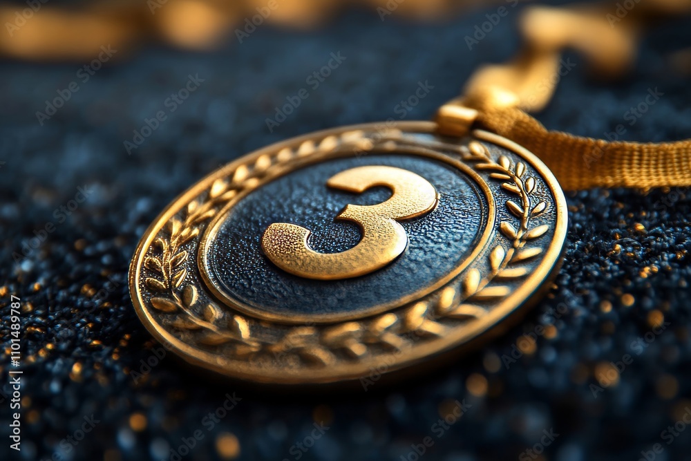Gold medal for third place with ribbon on a blurred background. Medal for sports competitions. Copy space Gold medal for third place with ribbon on a blurred background. Medal for sports competitions. Copy space