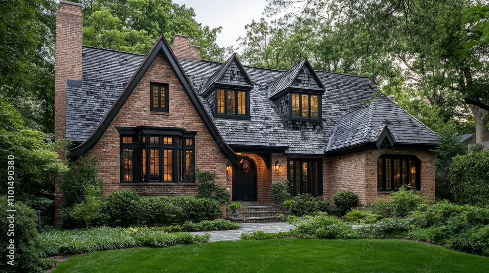 A newly built house with dormer windows emerging from a neatly shingled roof, surrounded by greenery and soft natural light A newly built house with dormer windows emerging from a neatly shingled roof, surrounded by greenery and soft natural light