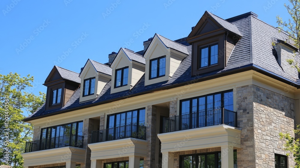 A newly constructed home with multiple dormer windows on a sloped roof, emphasizing symmetry and modern design elements A newly constructed home with multiple dormer windows on a sloped roof, emphasizing symmetry and modern design elements