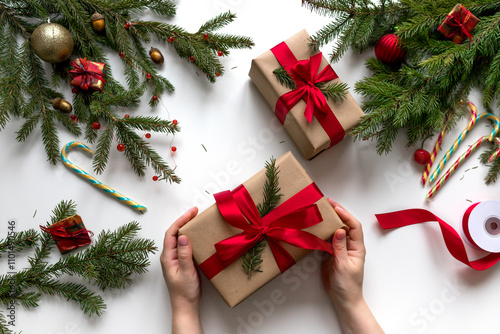 Christmas gift wrapping using eco-friendly materials and pine branches. Tying a gift box with a red ribbon