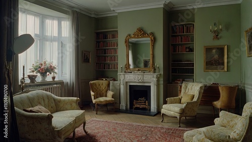 Elegant interior: minimalist living room with rich fabrics, neutral tones and an antique coffee table photo