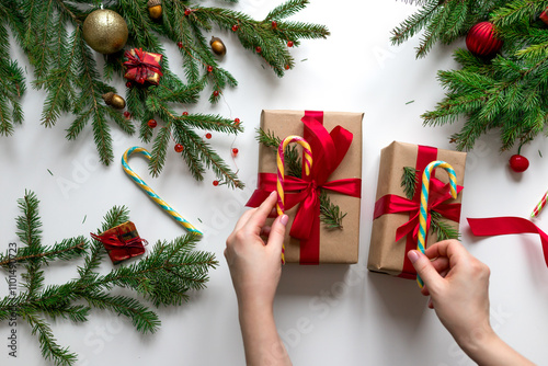 Christmas gift wrapping using eco-friendly materials and pine branches. Tying a gift box with a red ribbon