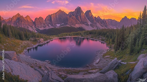 A serene mountain landscape at sunset, reflecting vibrant colors in a tranquil lake.