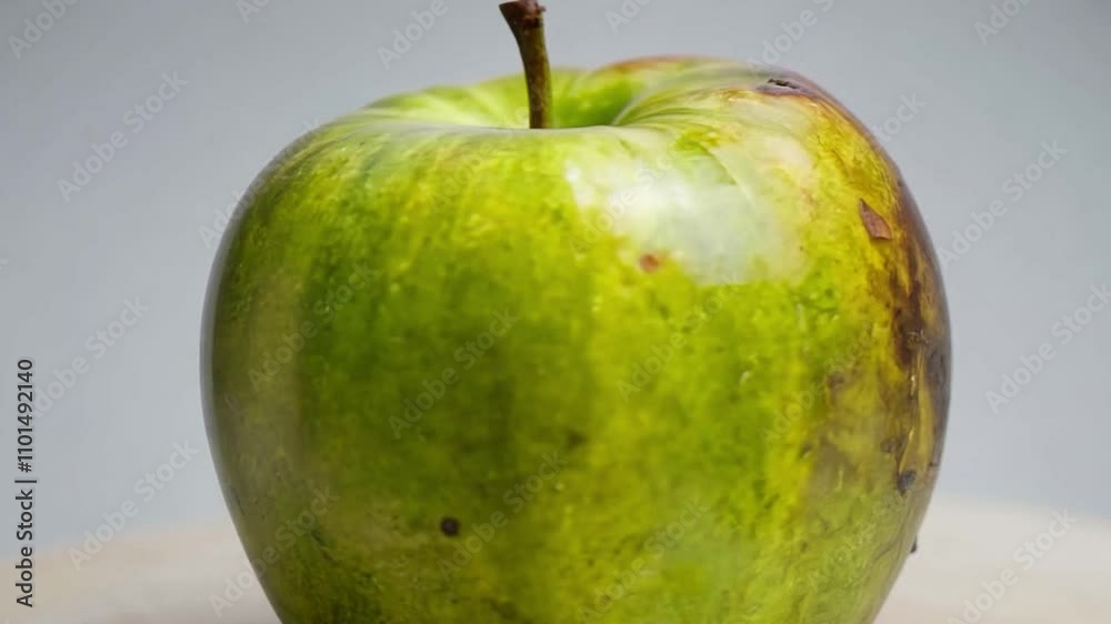 Zoom on a green apple that is rotten on one side.
