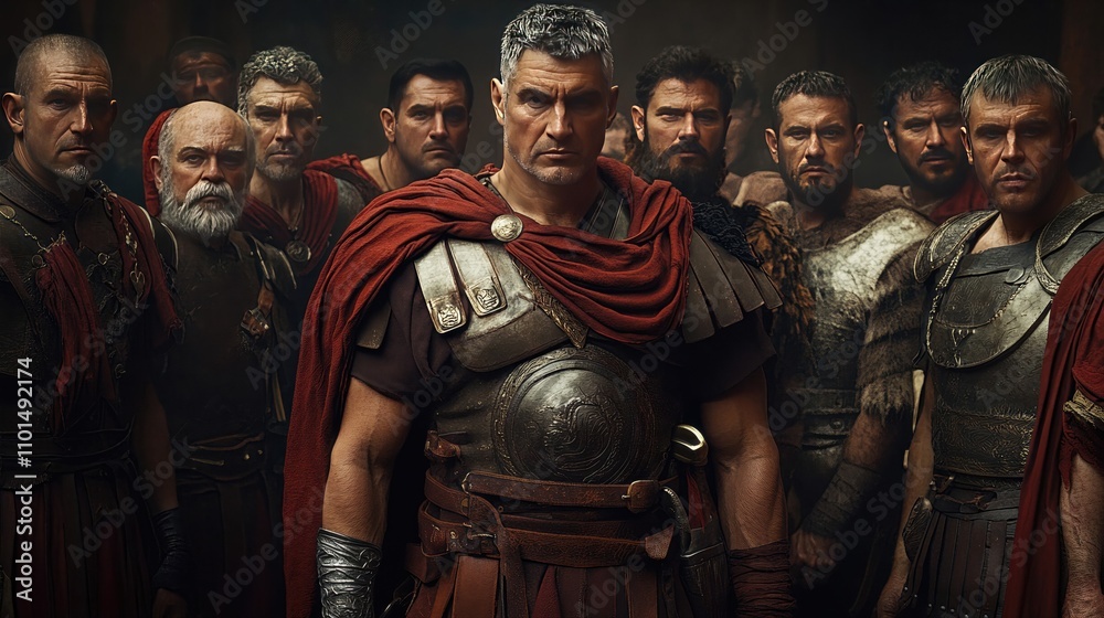 Fototapeta premium A group of men clad in full armor are standing in a straight line