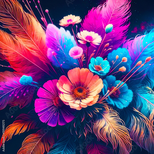 Bright and colorful composition of flowers and feathers. The flowers are in various shades of orange, pink and blue, with intricate details and textures. Generative AI.