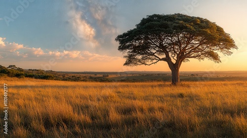 A serene sunset landscape featuring a solitary tree amidst tall grass.
